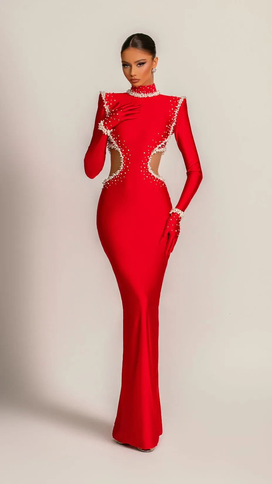 Cynthia Elegant Long Sleeves Red Evening Dress