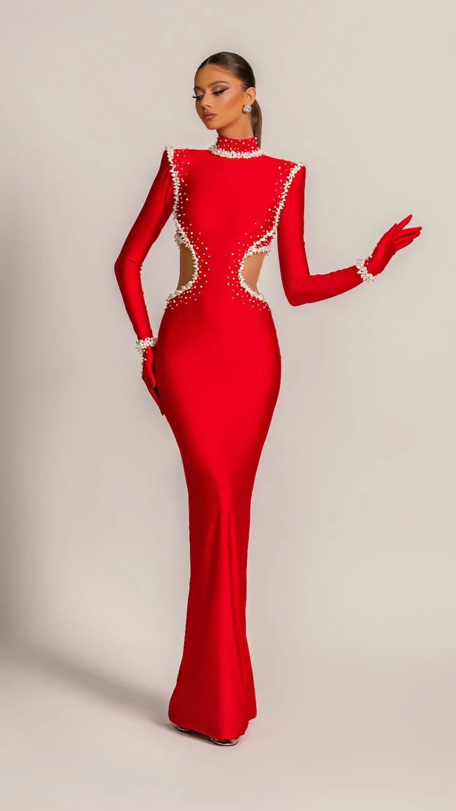 Cynthia Elegant Long Sleeves Red Evening Dress