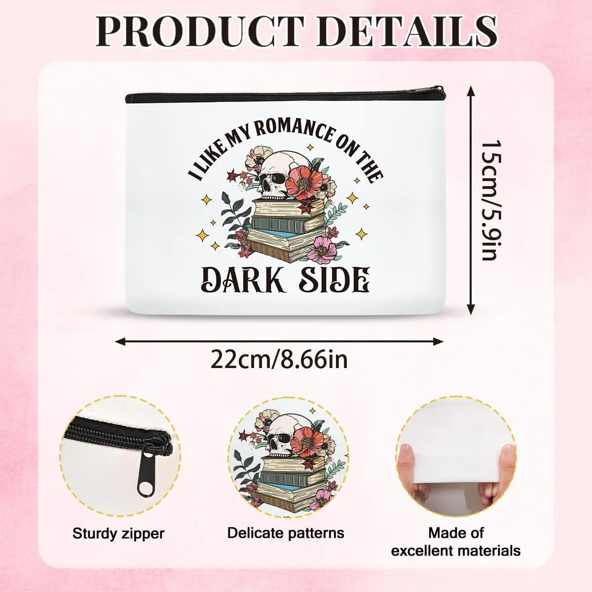 Dark Romance Makeup Bag Gifts, Spicy Book Lovers Gifts Gothic Skeleton Cosmetic Bag for Women, Dark Romance Merch Skull Bag Goth Purse for Bookworm Adult I Like My Romance On The Dark Side