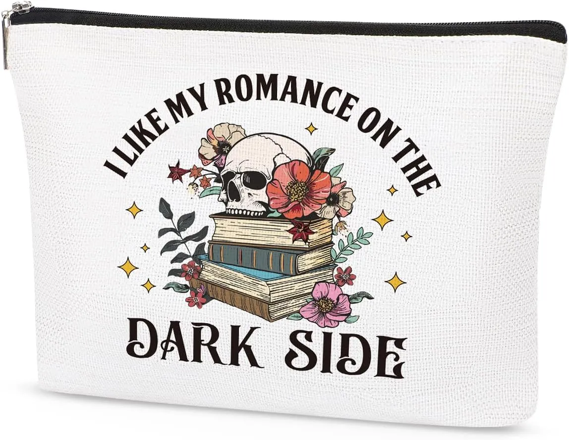 Dark Romance Makeup Bag Gifts, Spicy Book Lovers Gifts Gothic Skeleton Cosmetic Bag for Women, Dark Romance Merch Skull Bag Goth Purse for Bookworm Adult I Like My Romance On The Dark Side