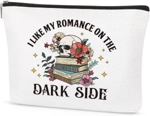 Dark Romance Makeup Bag Gifts, Spicy Book Lovers Gifts Gothic Skeleton Cosmetic Bag for Women, Dark Romance Merch Skull Bag Goth Purse for Bookworm Adult I Like My Romance On The Dark Side