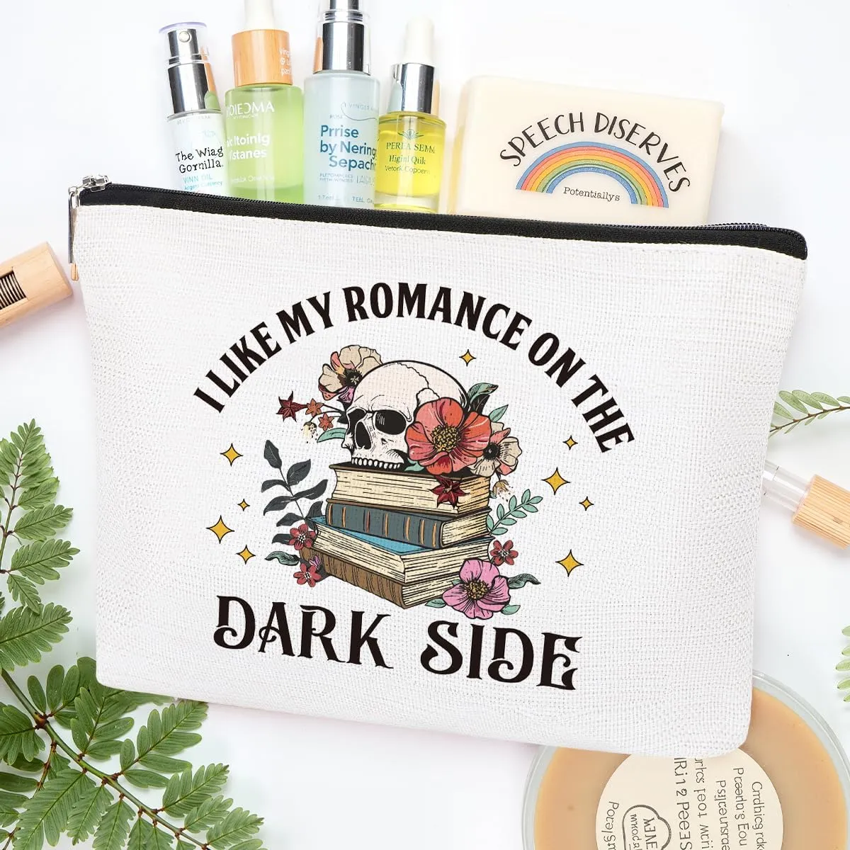 Dark Romance Makeup Bag Gifts, Spicy Book Lovers Gifts Gothic Skeleton Cosmetic Bag for Women, Dark Romance Merch Skull Bag Goth Purse for Bookworm Adult I Like My Romance On The Dark Side