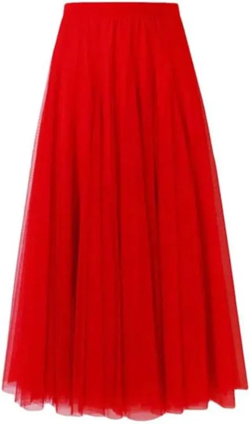 DBFBDTU Women Mesh Skirts Elastic High Waist Long Skirt Elegant Pleated Skirt Midi Skirt