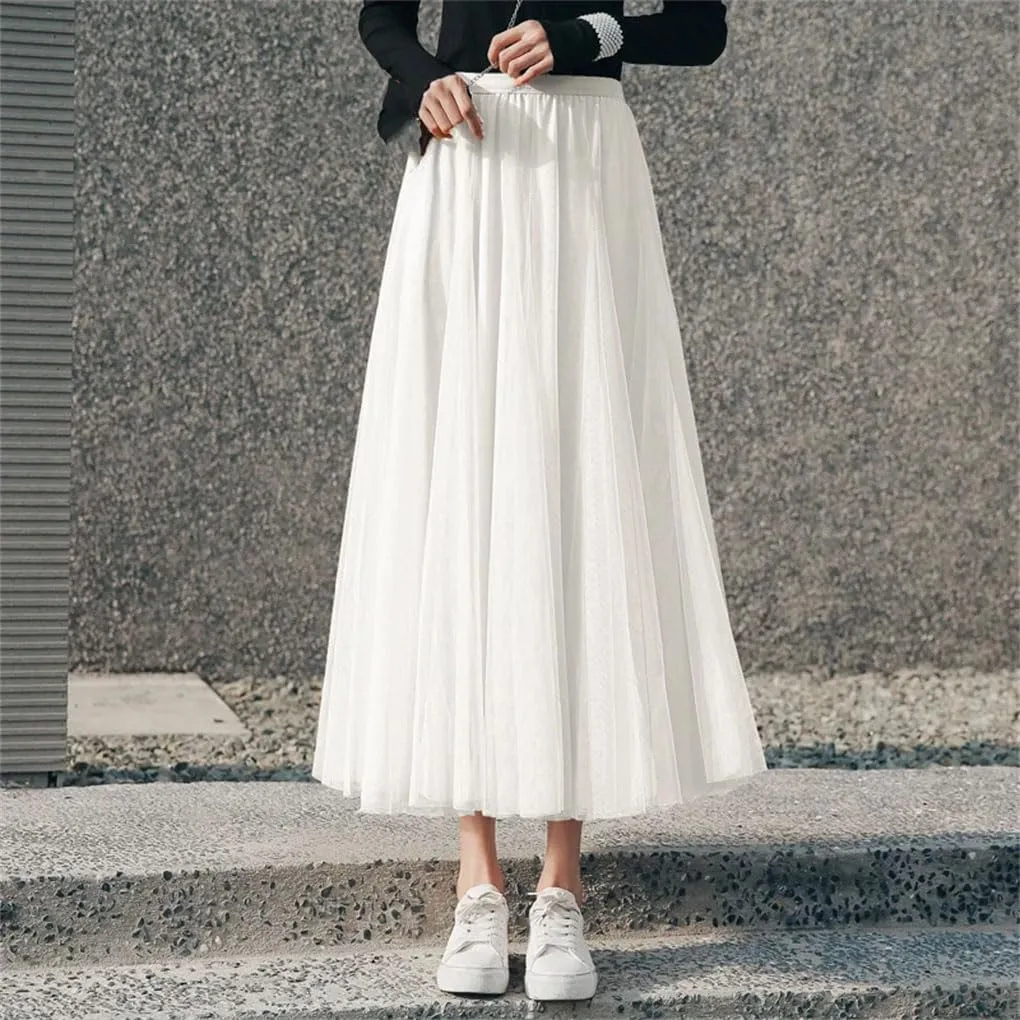 DBFBDTU Women Mesh Skirts Elastic High Waist Long Skirt Elegant Pleated Skirt Midi Skirt