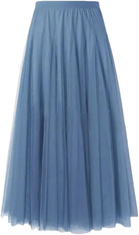 DBFBDTU Women Mesh Skirts Elastic High Waist Long Skirt Elegant Pleated Skirt Midi Skirt