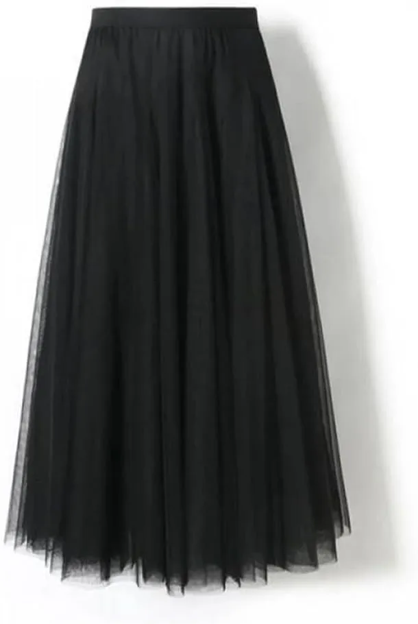 DBFBDTU Women Mesh Skirts Elastic High Waist Long Skirt Elegant Pleated Skirt Midi Skirt