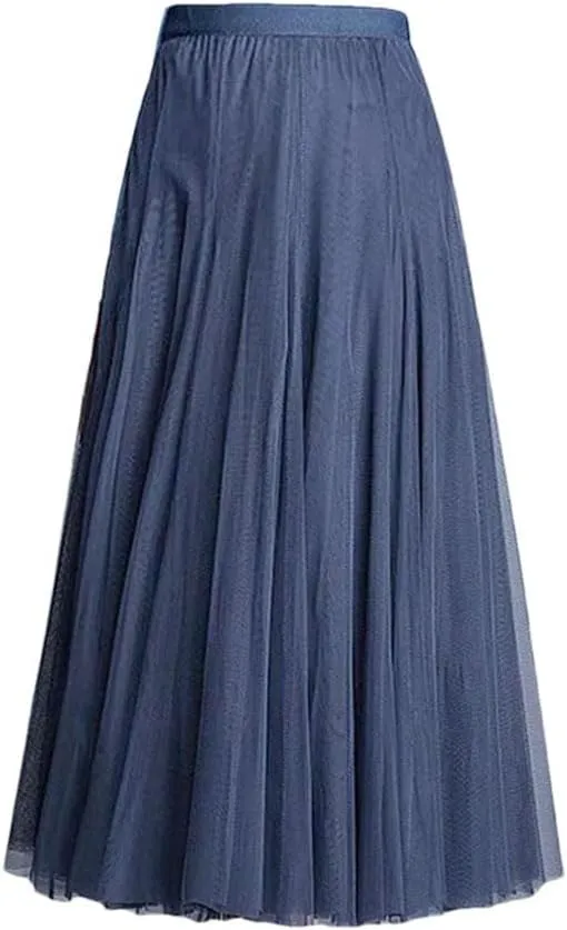 DBFBDTU Women Mesh Skirts Elastic High Waist Long Skirt Elegant Pleated Skirt Midi Skirt