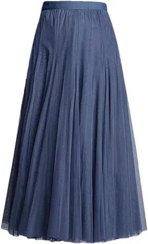 DBFBDTU Women Mesh Skirts Elastic High Waist Long Skirt Elegant Pleated Skirt Midi Skirt