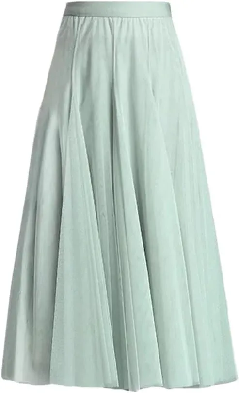 DBFBDTU Women Mesh Skirts Elastic High Waist Long Skirt Elegant Pleated Skirt Midi Skirt