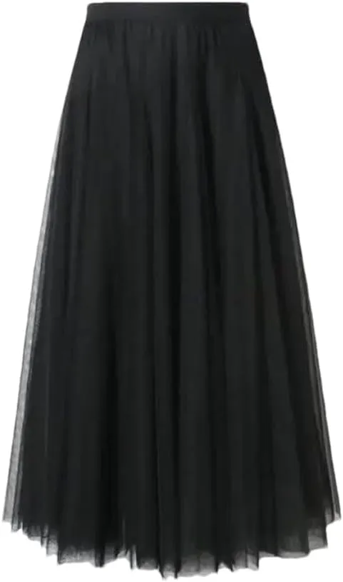 DBFBDTU Women Mesh Skirts Elastic High Waist Long Skirt Elegant Pleated Skirt Midi Skirt