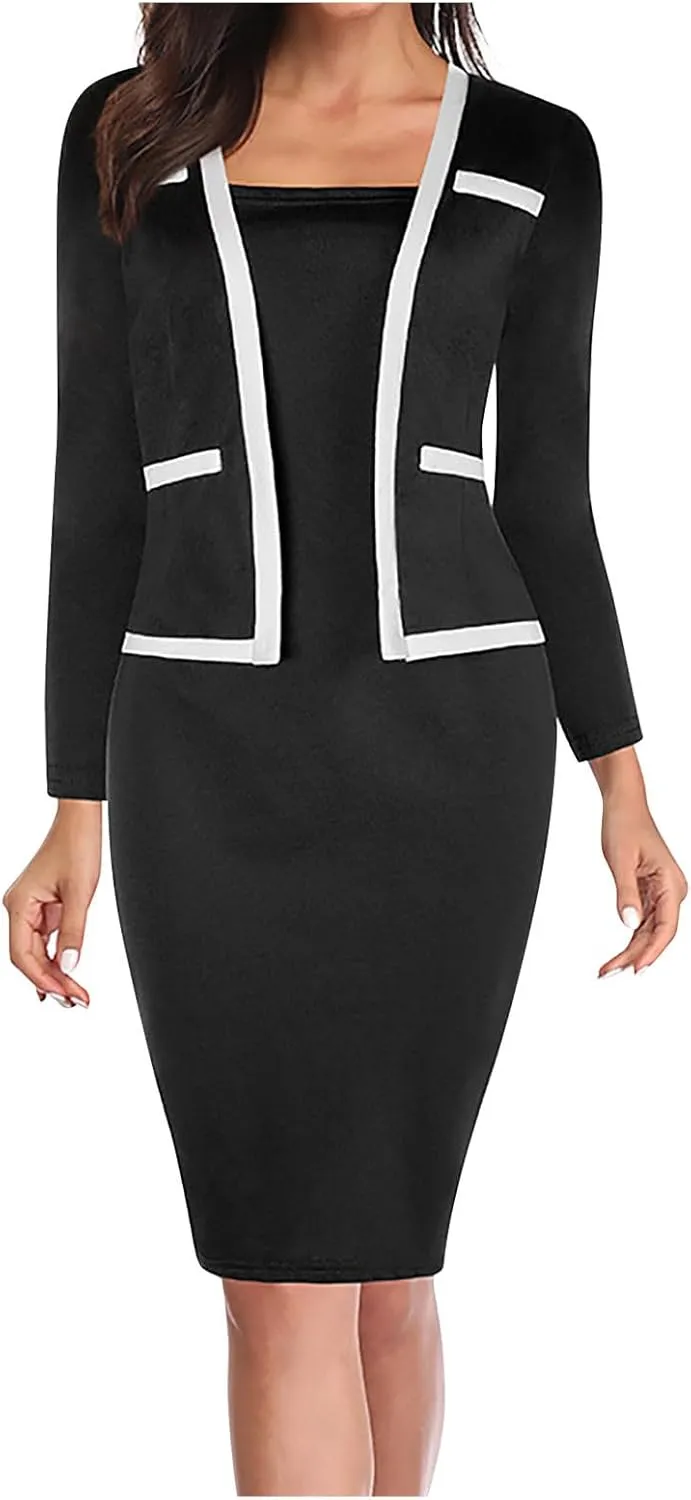 DDAPJ pyju Women's Plus Size Bodycon Midi Dresses Elegant 3/4 Sleeve Pencil Dress Colorblock 2 in 1 Suit Dress Wear to Work