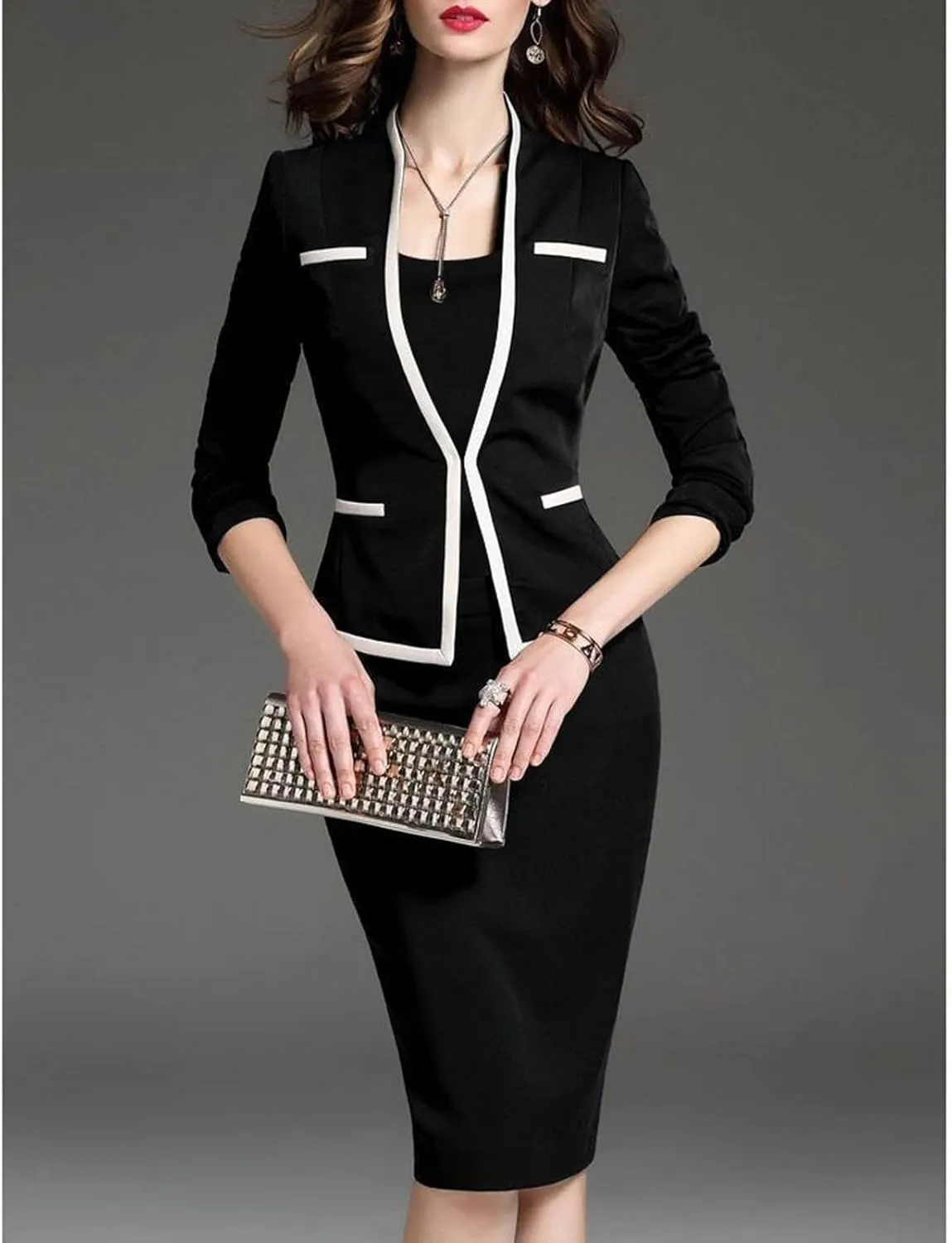 DDAPJ pyju Women's Plus Size Bodycon Midi Dresses Elegant 3/4 Sleeve Pencil Dress Colorblock 2 in 1 Suit Dress Wear to Work