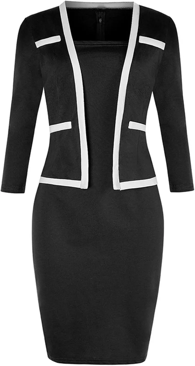 DDAPJ pyju Women's Plus Size Bodycon Midi Dresses Elegant 3/4 Sleeve Pencil Dress Colorblock 2 in 1 Suit Dress Wear to Work