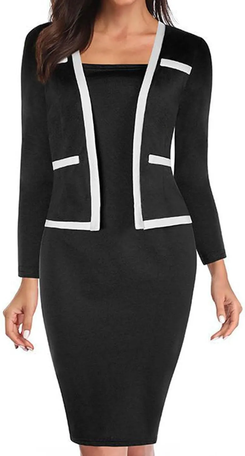 DDAPJ pyju Women's Plus Size Bodycon Midi Dresses Elegant 3/4 Sleeve Pencil Dress Colorblock 2 in 1 Suit Dress Wear to Work