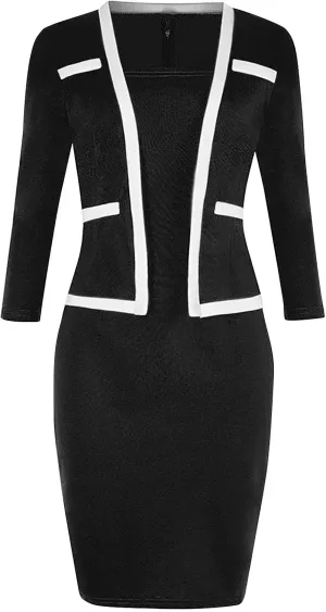 DDAPJ pyju Women's Plus Size Bodycon Midi Dresses Elegant 3/4 Sleeve Pencil Dress Colorblock 2 in 1 Suit Dress Wear to Work