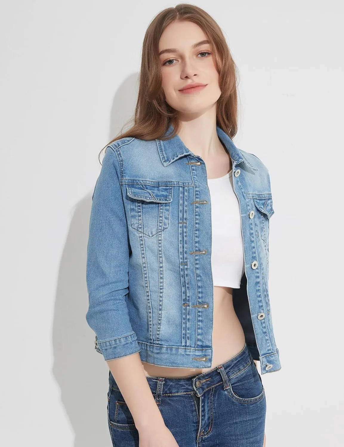 Denim Jacket For Women Jean Cropped Jacket Light Weight Soft Coat Fitted Thin Top Trendy Shacket