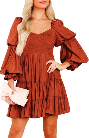 Dokotoo Womens 2025 Spring Summer Dresses Elegant Off The Shoulder V Neck Long Sleeve Ruffle Flowy Mini Short Skater Dresses