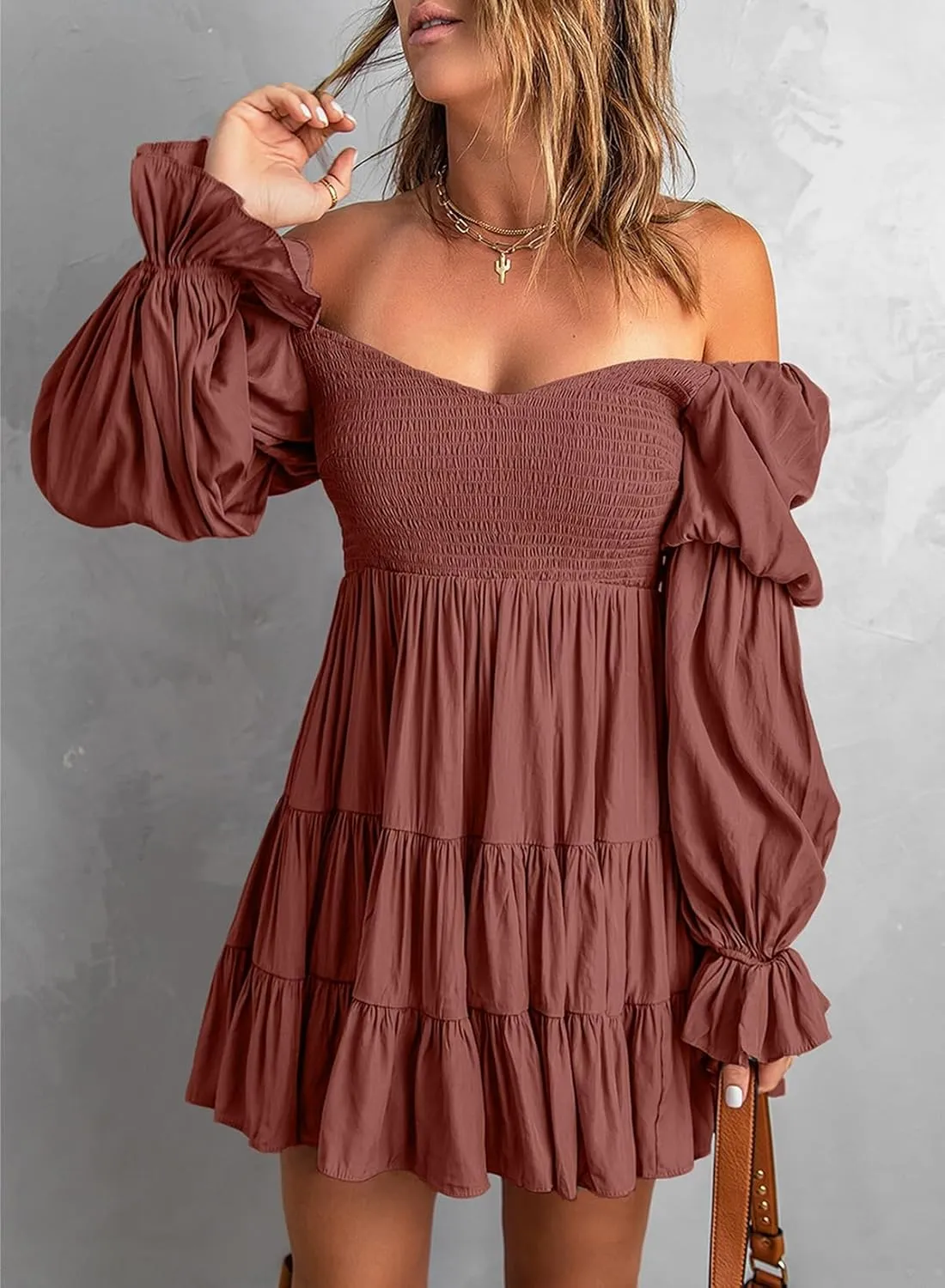 Dokotoo Womens 2025 Spring Summer Dresses Elegant Off The Shoulder V Neck Long Sleeve Ruffle Flowy Mini Short Skater Dresses