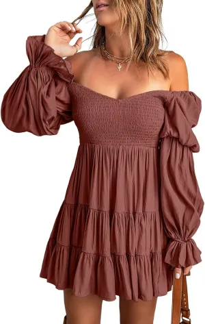 Dokotoo Womens 2025 Spring Summer Dresses Elegant Off The Shoulder V Neck Long Sleeve Ruffle Flowy Mini Short Skater Dresses