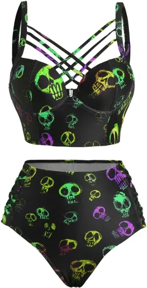 DRESSFO Gothic Galaxy Skull Print Bikini Set Retro Vintage Tummy Control Two Piece Tankini