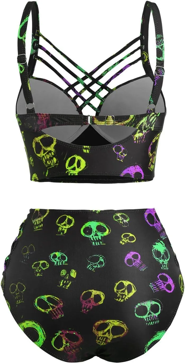 DRESSFO Gothic Galaxy Skull Print Bikini Set Retro Vintage Tummy Control Two Piece Tankini