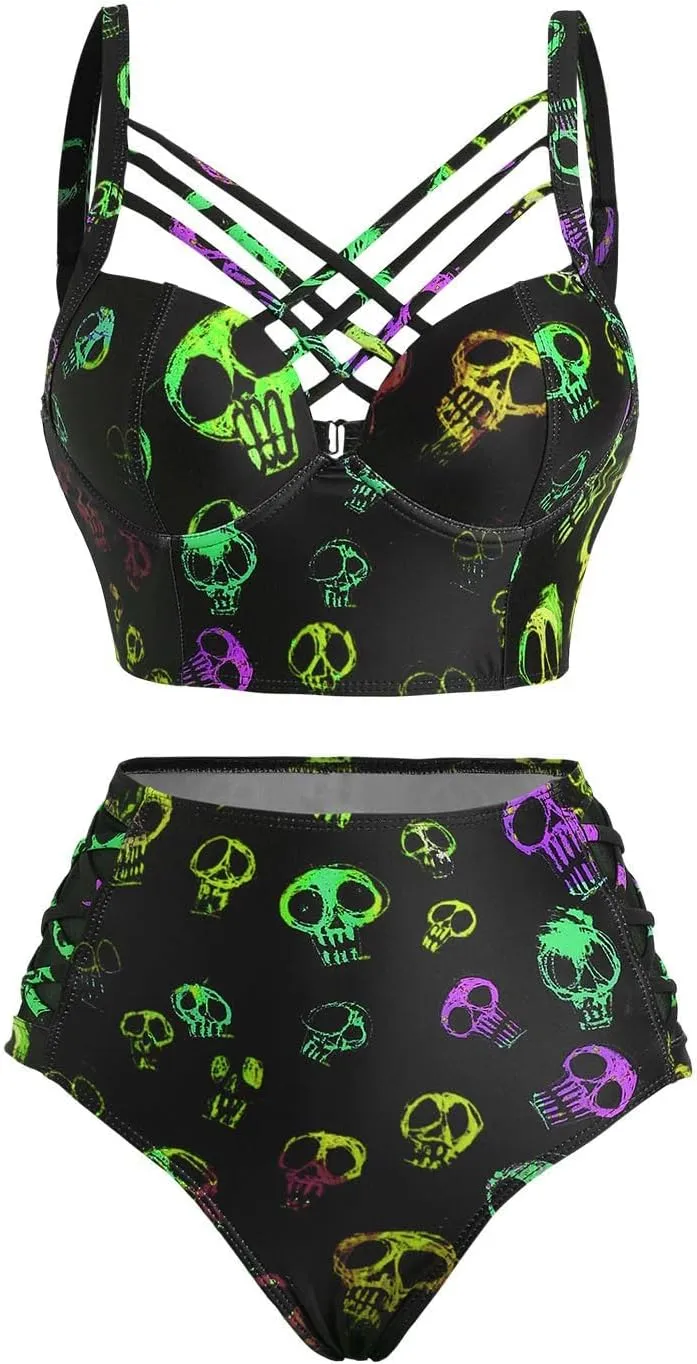 DRESSFO Gothic Galaxy Skull Print Bikini Set Retro Vintage Tummy Control Two Piece Tankini