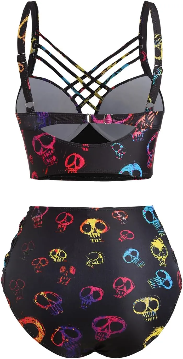 DRESSFO Gothic Galaxy Skull Print Bikini Set Retro Vintage Tummy Control Two Piece Tankini