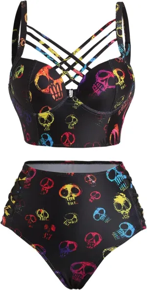 DRESSFO Gothic Galaxy Skull Print Bikini Set Retro Vintage Tummy Control Two Piece Tankini