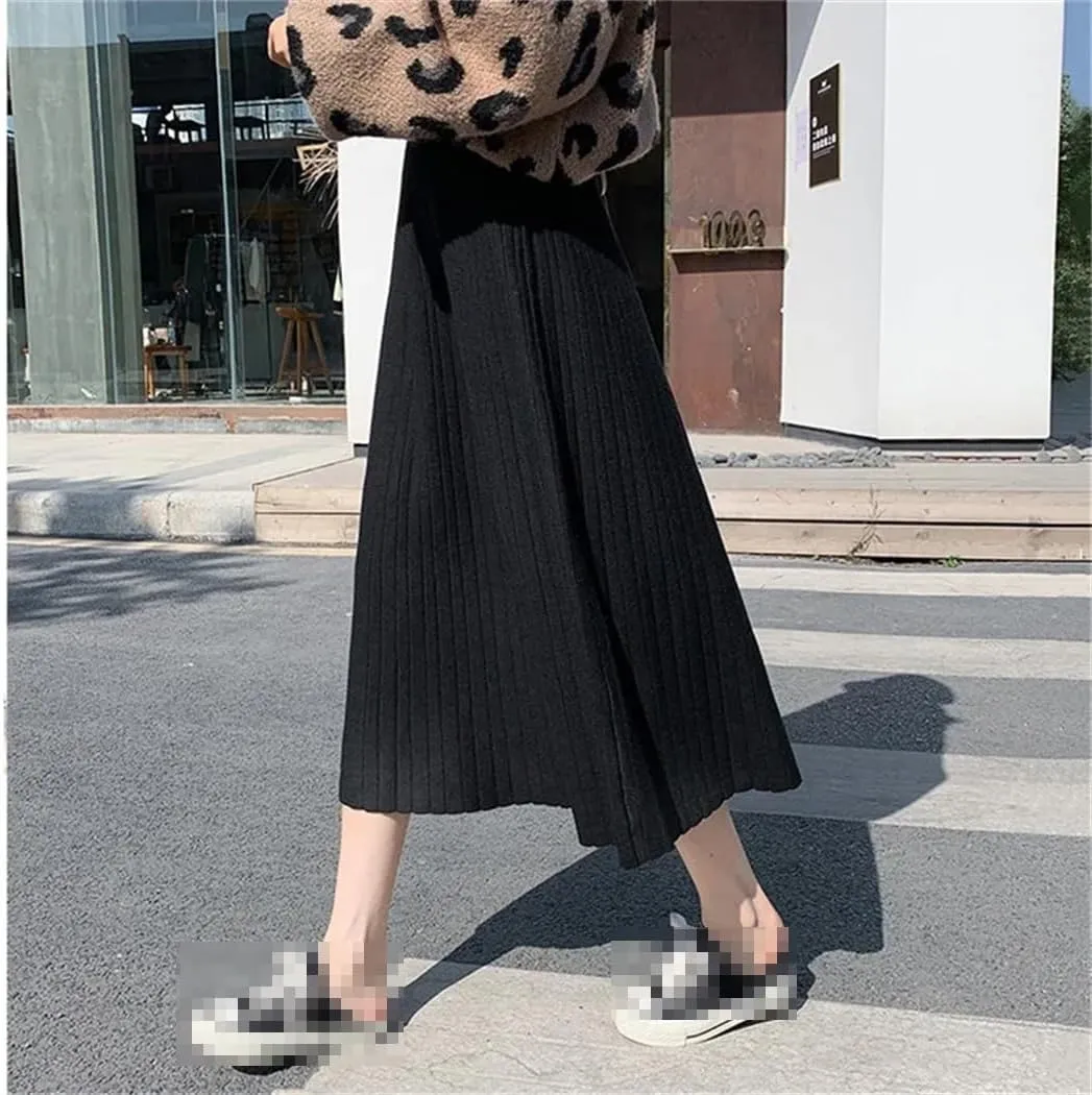 Dvbfufv Elegant Knitted Skirt for Women High Waist A-Line Pleated Midi Skirts Autumn Winter Solid Knit Skirts Female Clothes