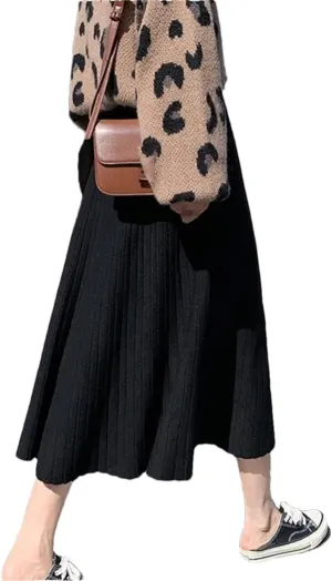 Dvbfufv Elegant Knitted Skirt for Women High Waist A-Line Pleated Midi Skirts Autumn Winter Solid Knit Skirts Female Clothes