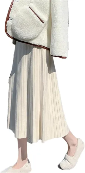 Dvbfufv Elegant Knitted Skirt for Women High Waist A-Line Pleated Midi Skirts Autumn Winter Solid Knit Skirts Female Clothes