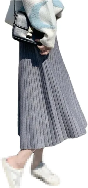 Dvbfufv Elegant Knitted Skirt for Women High Waist A-Line Pleated Midi Skirts Autumn Winter Solid Knit Skirts Female Clothes