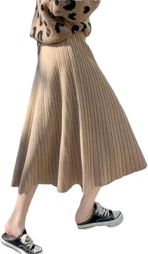 Dvbfufv Elegant Knitted Skirt for Women High Waist A-Line Pleated Midi Skirts Autumn Winter Solid Knit Skirts Female Clothes