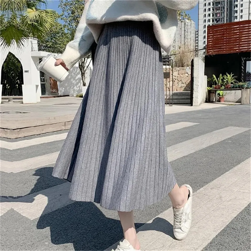 Dvbfufv Elegant Knitted Skirt for Women High Waist A-Line Pleated Midi Skirts Autumn Winter Solid Knit Skirts Female Clothes