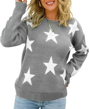 ebossy Women's Sweet Cute Star Graphic Long Sleeve Artistic Aesthetic Cable Knit Sweater Pullovers