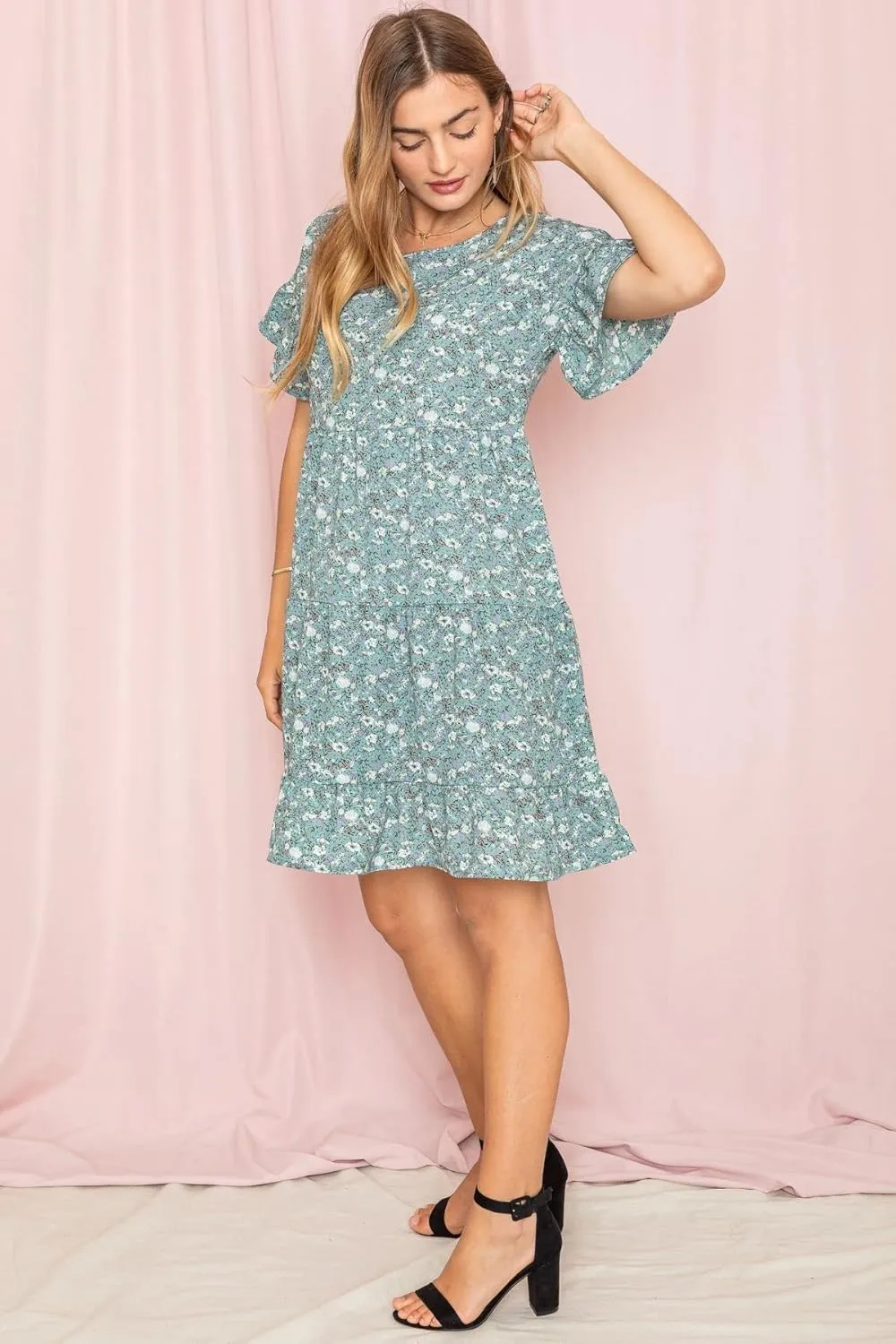 EGS by Eloges Women's Solid | Wartercolor | Paisley | Floral Tiered Ruffle Trim Mini Dress Plus Romantic Dress
