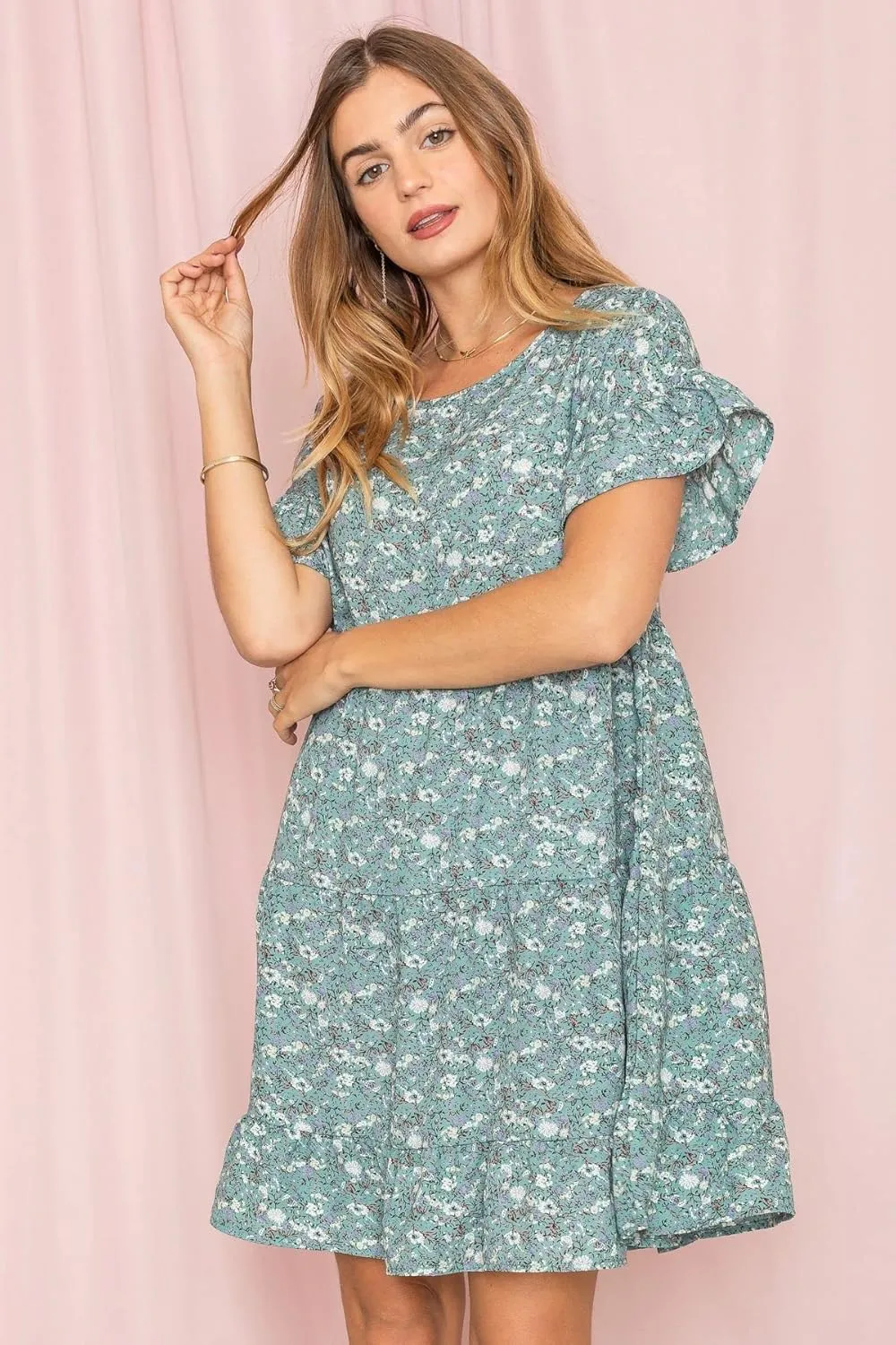 EGS by Eloges Women's Solid | Wartercolor | Paisley | Floral Tiered Ruffle Trim Mini Dress Plus Romantic Dress
