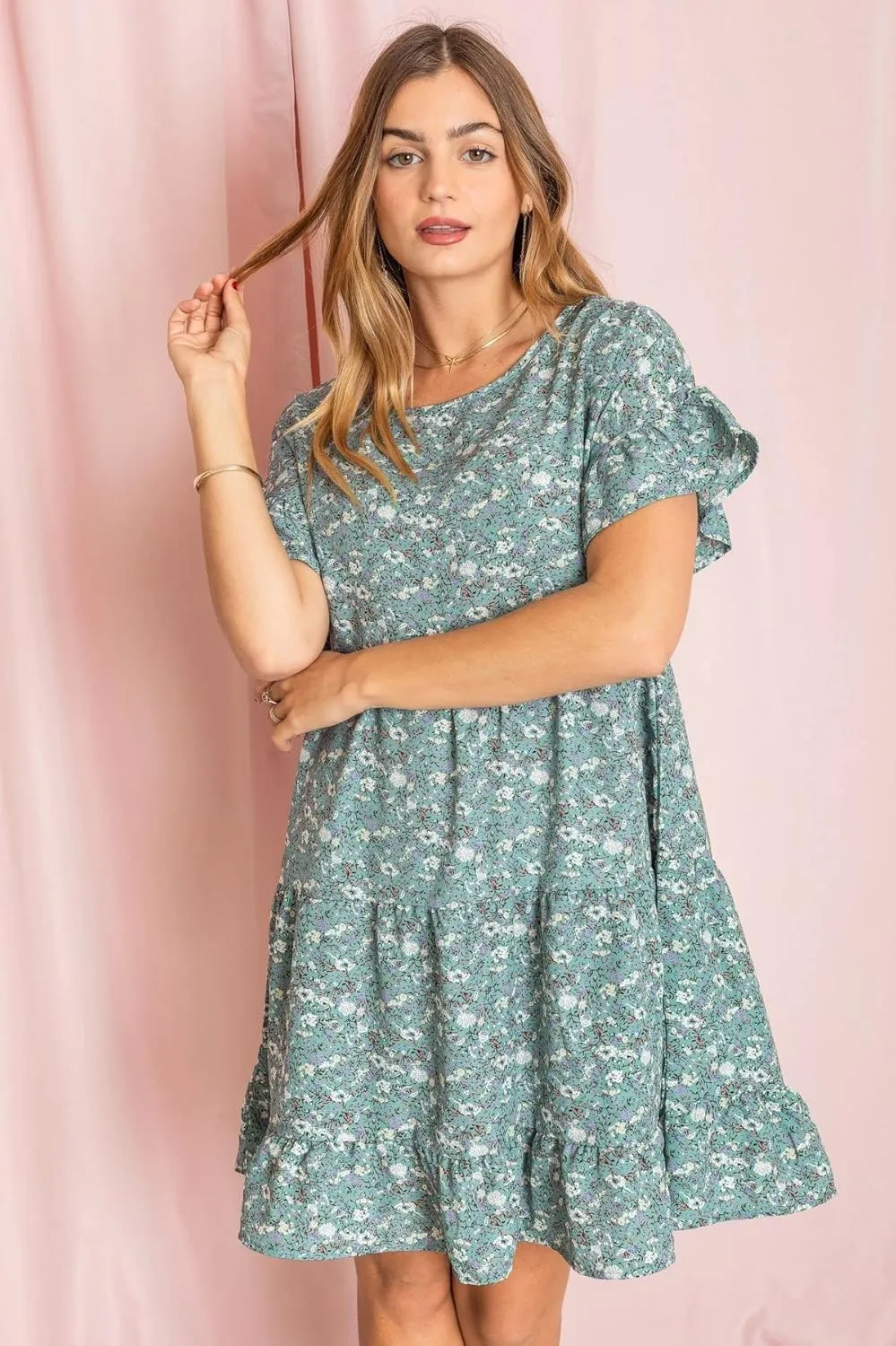 EGS by Eloges Women's Solid | Wartercolor | Paisley | Floral Tiered Ruffle Trim Mini Dress Plus Romantic Dress