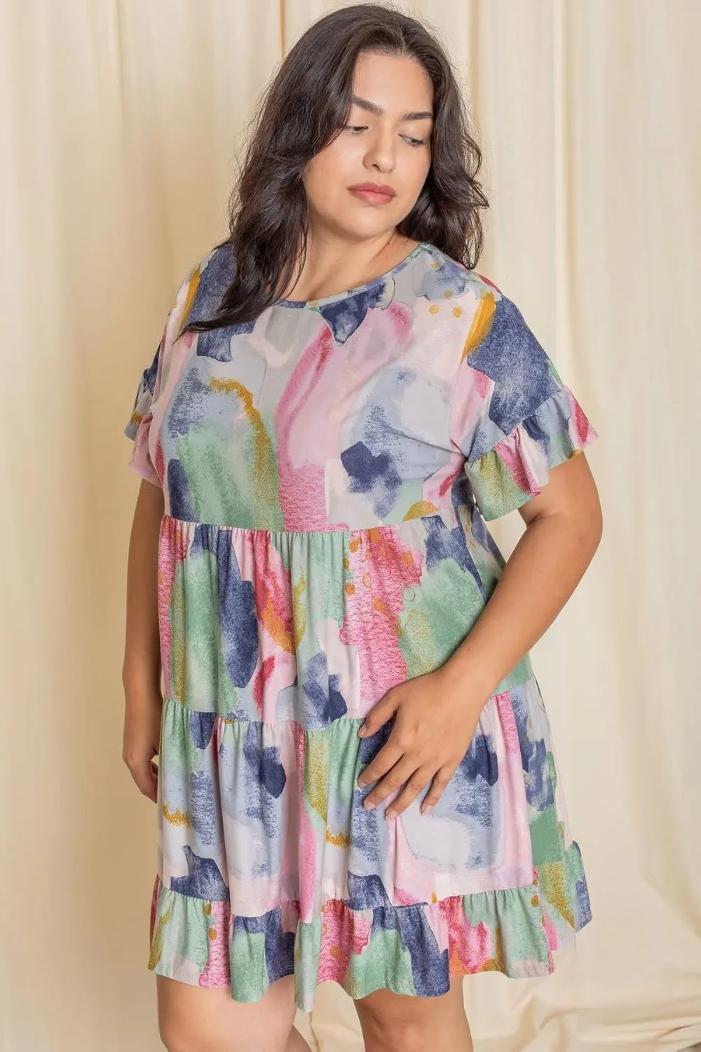 EGS by Eloges Women's Solid | Wartercolor | Paisley | Floral Tiered Ruffle Trim Mini Dress Plus Romantic Dress