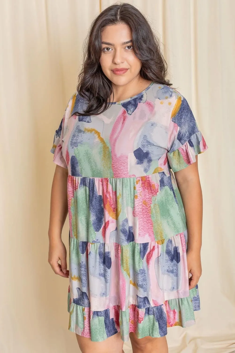 EGS by Eloges Women's Solid | Wartercolor | Paisley | Floral Tiered Ruffle Trim Mini Dress Plus Romantic Dress