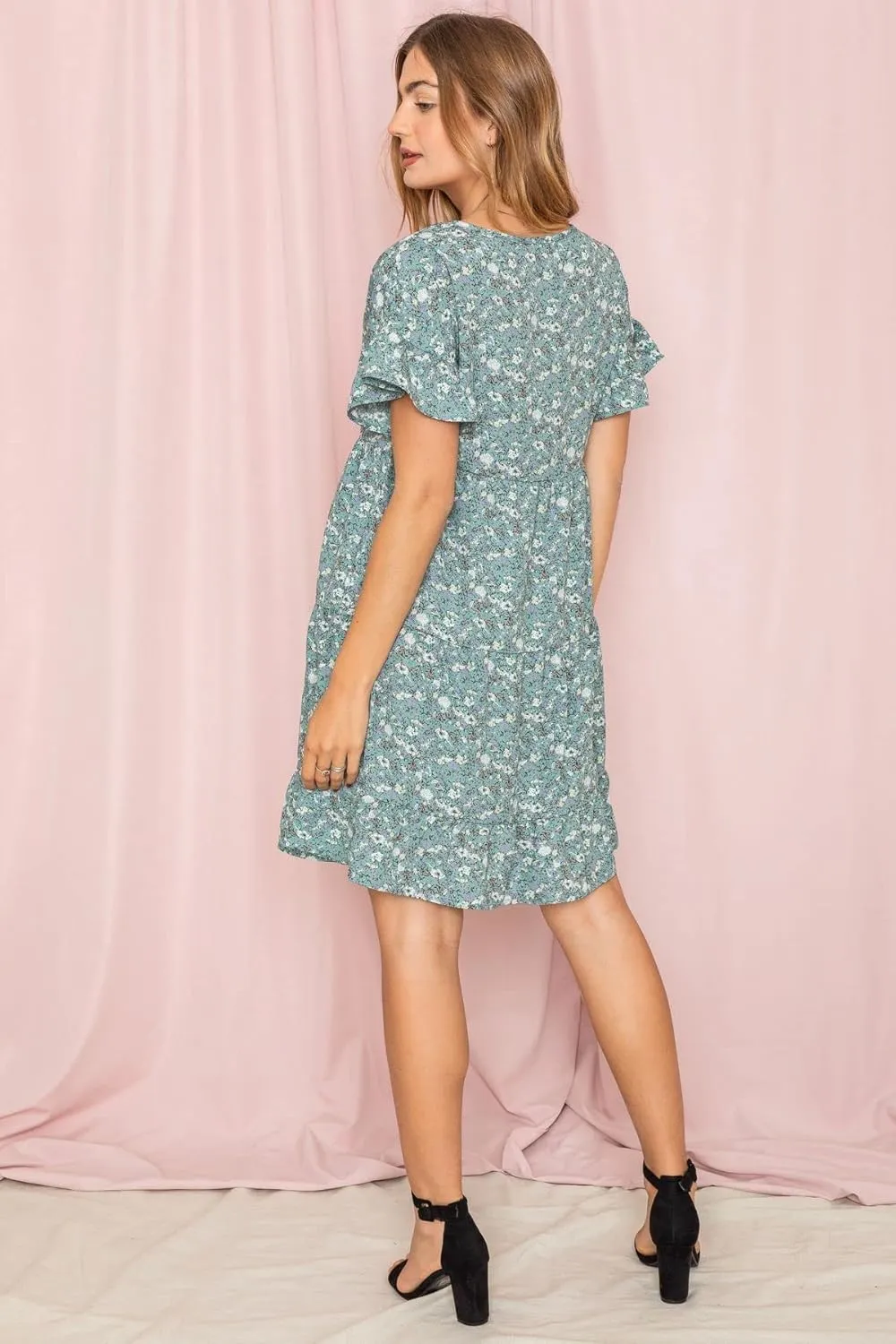 EGS by Eloges Women's Solid | Wartercolor | Paisley | Floral Tiered Ruffle Trim Mini Dress Plus Romantic Dress