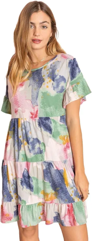 EGS by Eloges Women's Solid | Wartercolor | Paisley | Floral Tiered Ruffle Trim Mini Dress Plus Romantic Dress