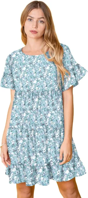 EGS by Eloges Women's Solid | Wartercolor | Paisley | Floral Tiered Ruffle Trim Mini Dress Plus Romantic Dress
