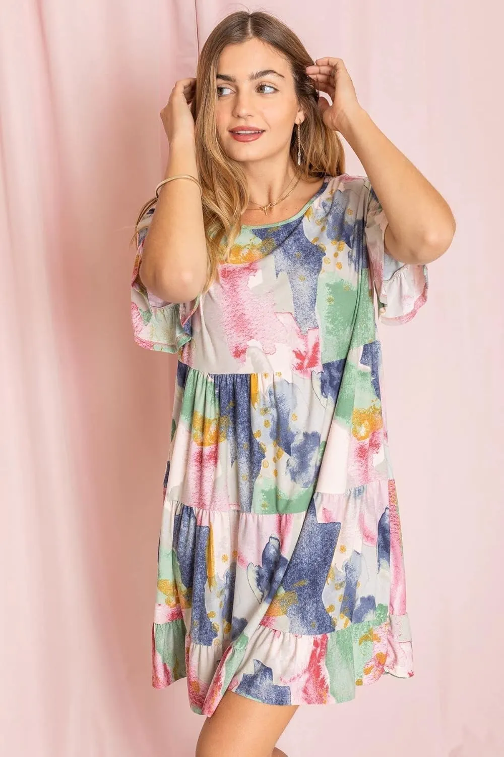 EGS by Eloges Women's Solid | Wartercolor | Paisley | Floral Tiered Ruffle Trim Mini Dress Plus Romantic Dress
