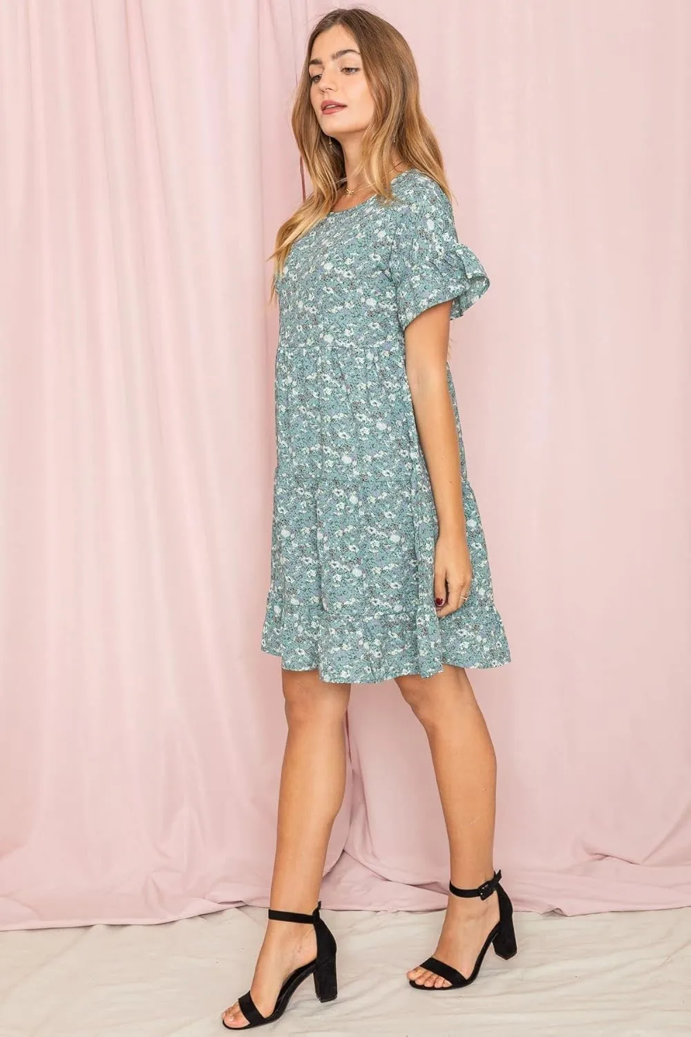 EGS by Eloges Women's Solid | Wartercolor | Paisley | Floral Tiered Ruffle Trim Mini Dress Plus Romantic Dress