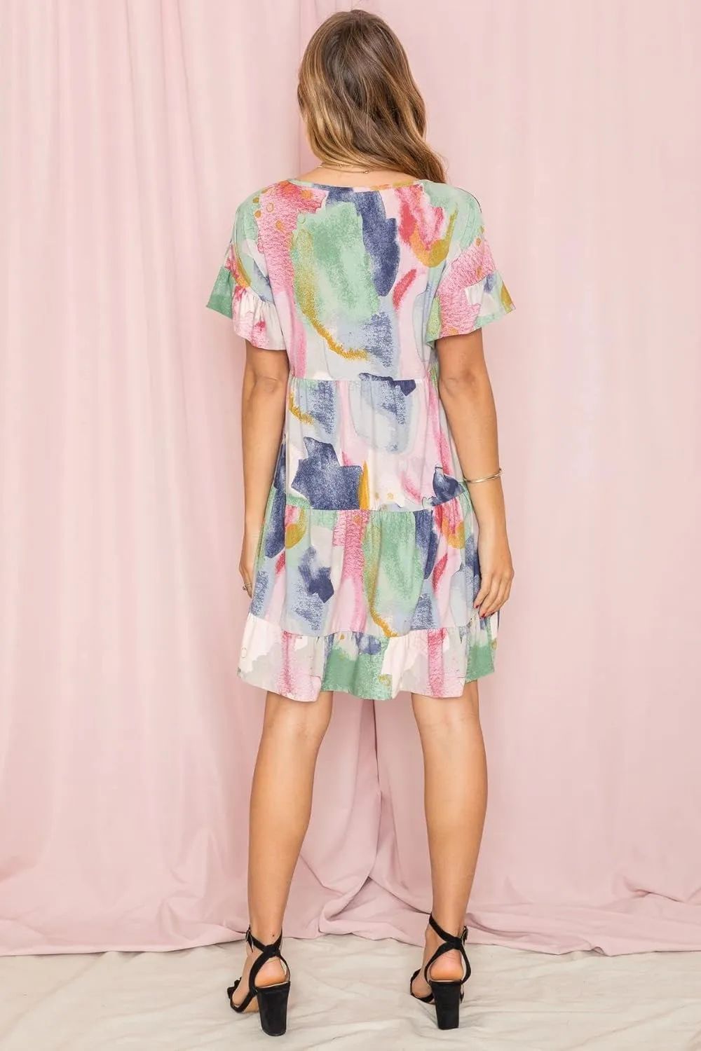 EGS by Eloges Women's Solid | Wartercolor | Paisley | Floral Tiered Ruffle Trim Mini Dress Plus Romantic Dress