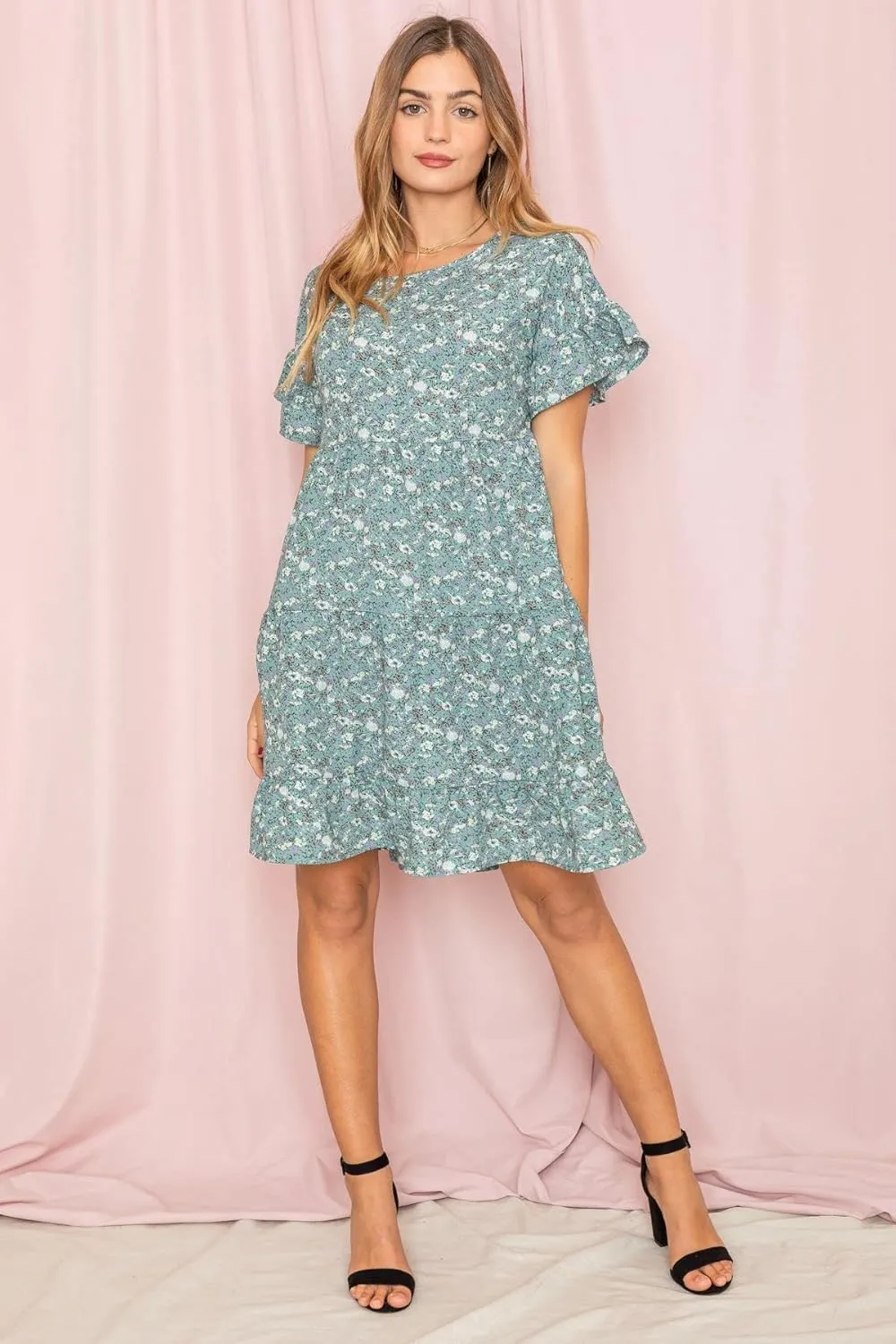 EGS by Eloges Women's Solid | Wartercolor | Paisley | Floral Tiered Ruffle Trim Mini Dress Plus Romantic Dress