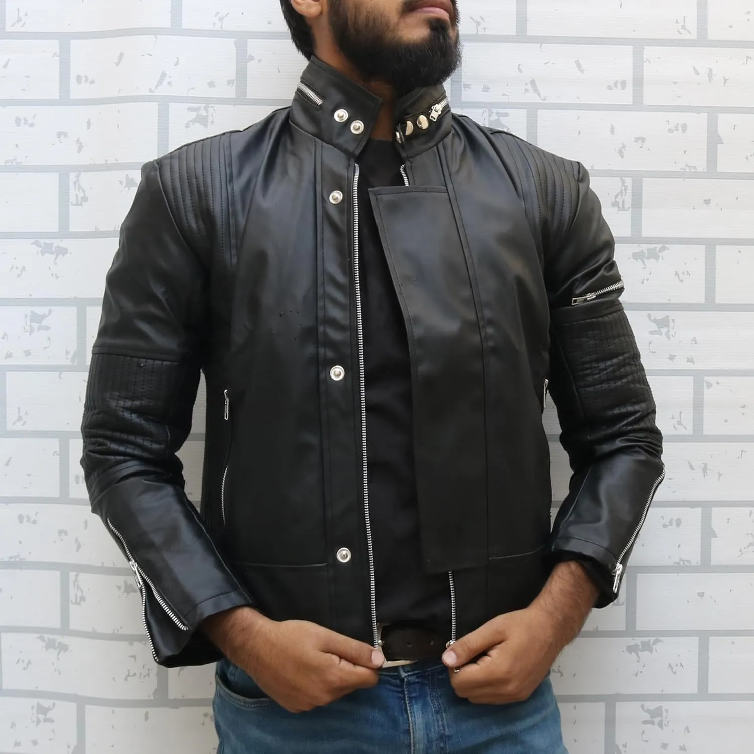 Electroma Daft-punk Jacket- Black Faux Leather Punk Biker Jacket For Men's