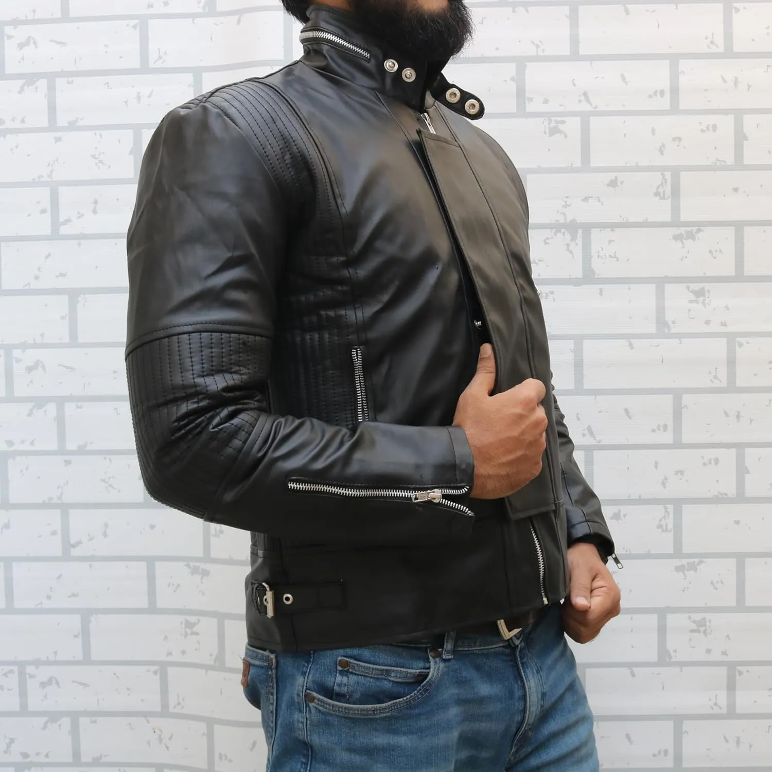 Electroma Daft-punk Jacket- Black Faux Leather Punk Biker Jacket For Men's