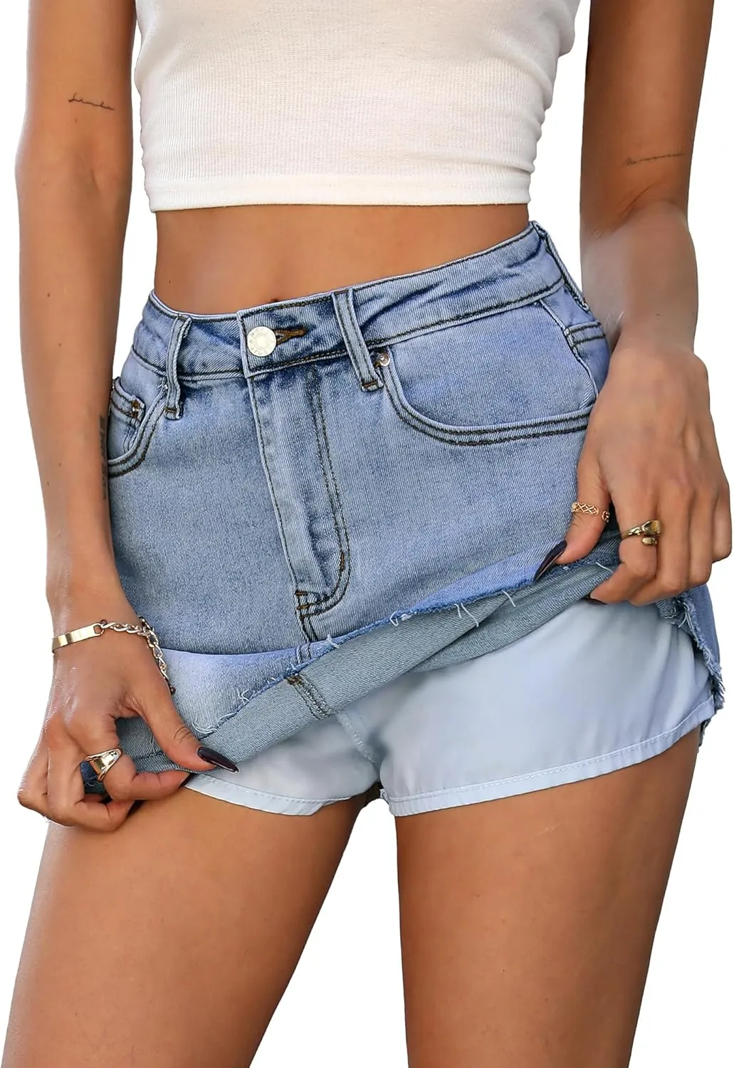 ELLEVEN Denim Skirt with Shorts Mini Skort - Casual Jean Skirts with Raw Hem & Pockets